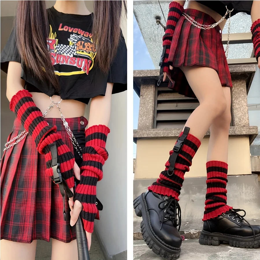 Mangas elásticas de meio dedo para mulheres, Luvas elásticas para meninas, Luvas de cotovelo listrado, Goth monocromático, vermelho e preto, Moda Y2K