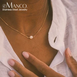 E-Manco 클래식 스테인레스 스틸 목걸이 여성 체인 목걸이에 대한 간단한 모조 6MM 진주 펜던트 초커 목걸이