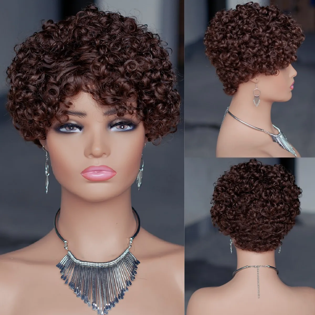 

Short Kinky Curly Brown Human Hair Wigs for Black Women Afro Remy Pixie Cut Human Hairs with Bangs Full Machine Made Natural Wig