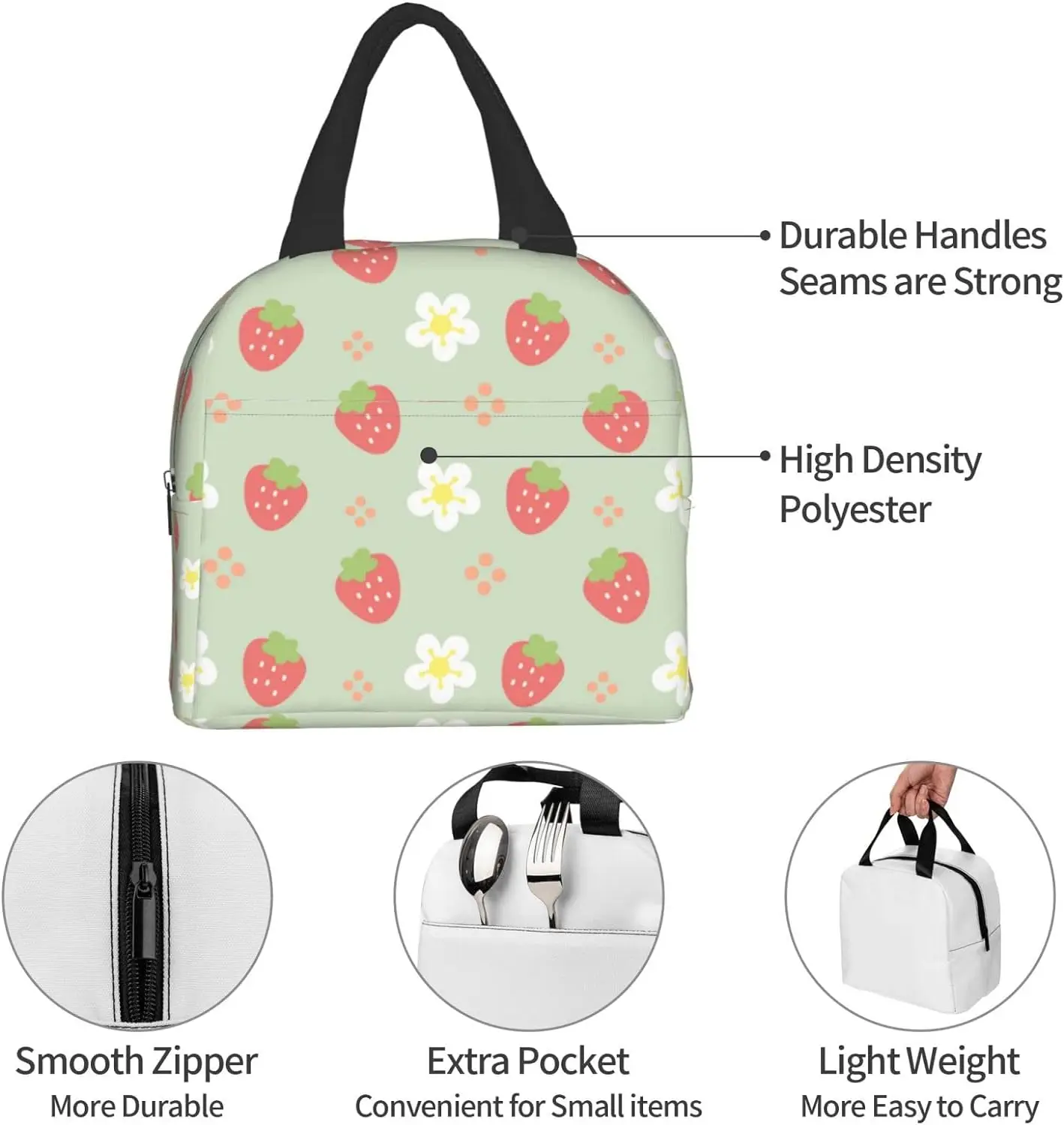 Green Strawberry and Flowers Lunch Bag Small Insulated Lunch Box with Front Pocket Aesthetic Lunch Bags for Girls Boys Freezable