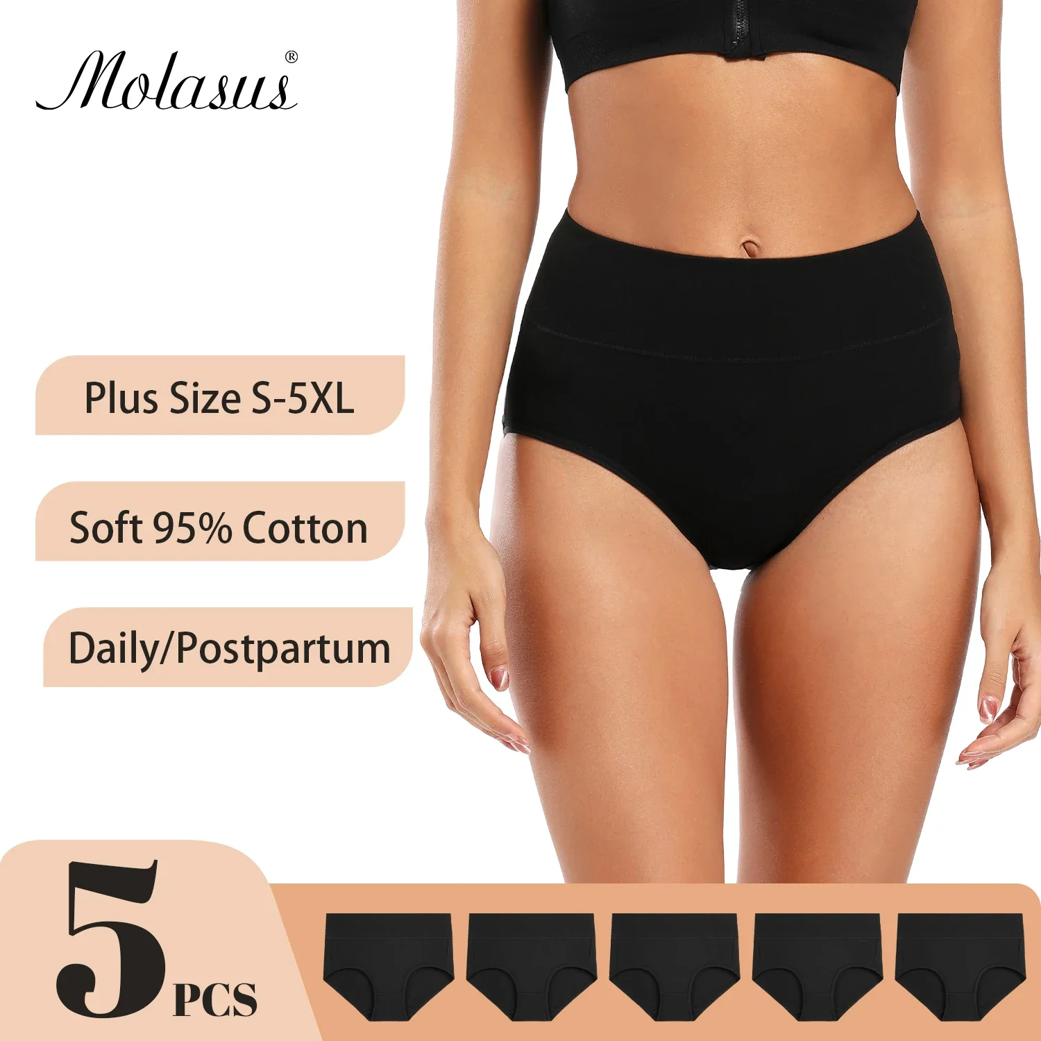 Molasus 5pcs Women\'s Soft Cotton Underwear Briefs High Waisted Postpartum Panties Ladies Full Coverage Underpants Black 5X-Large