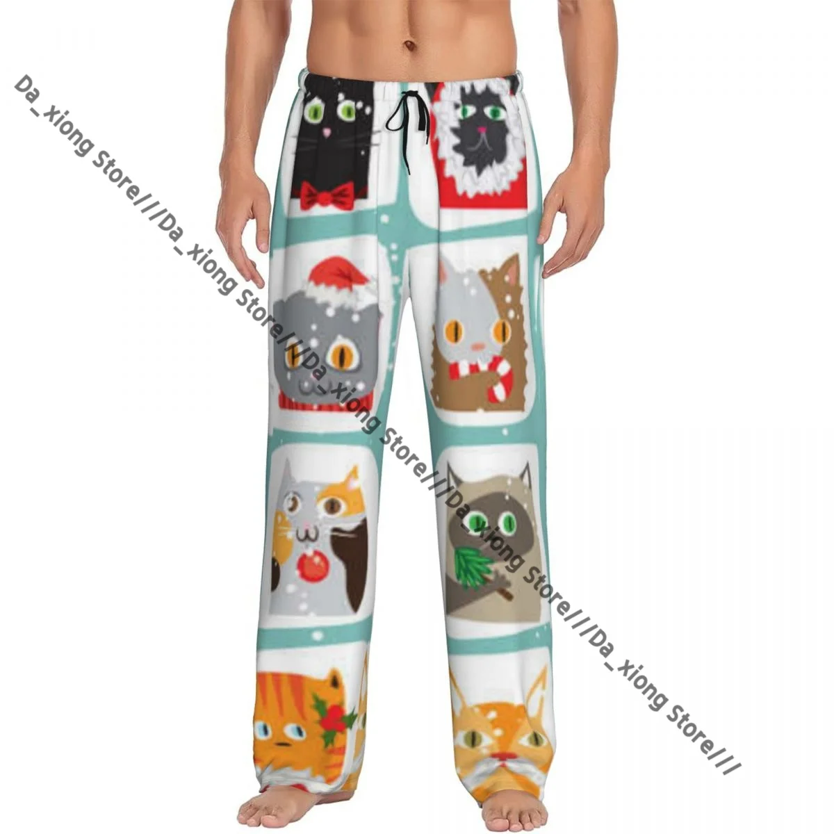 

Mens Casual Pajama Long Pant Loose Elastic Waistband Christmas Cats Cute Animal Cozy Sleepwear Home Lounge Pants