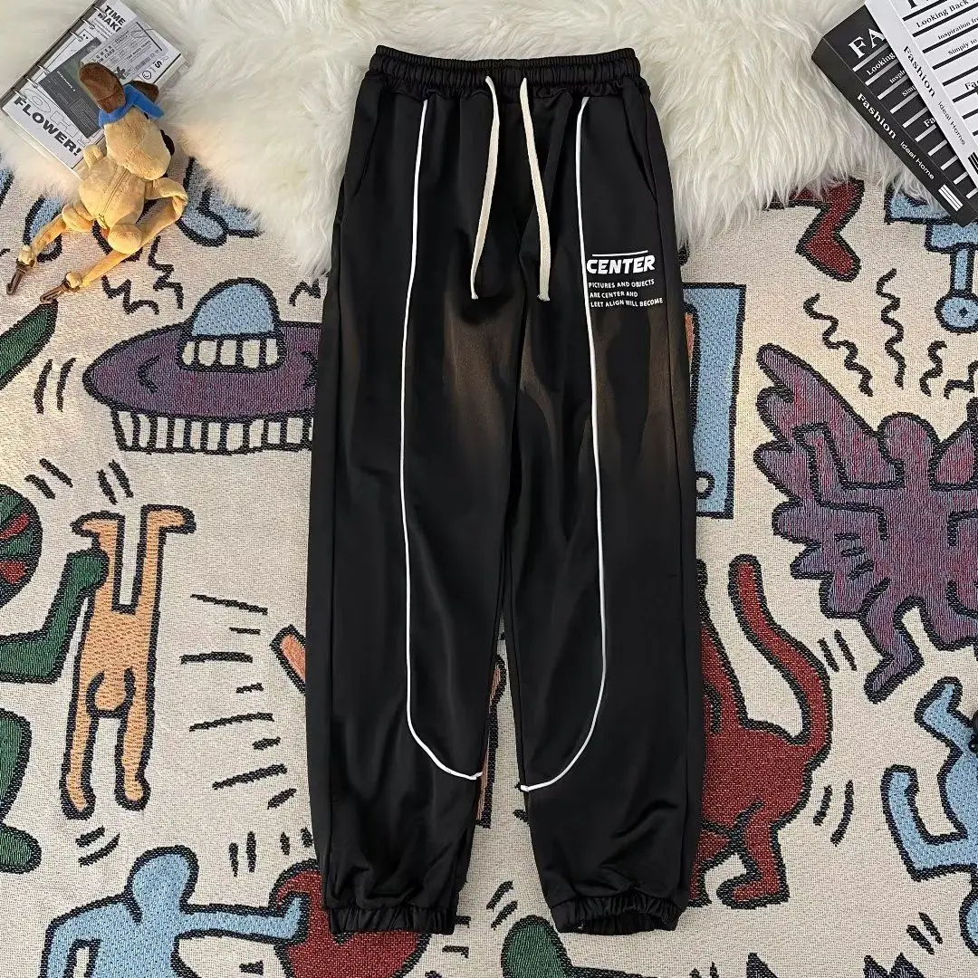 

American Retro Loose Sports Pants Men Women Floor Length Casual Drapey Sweatpants Bella Style Side Stripe Trousers