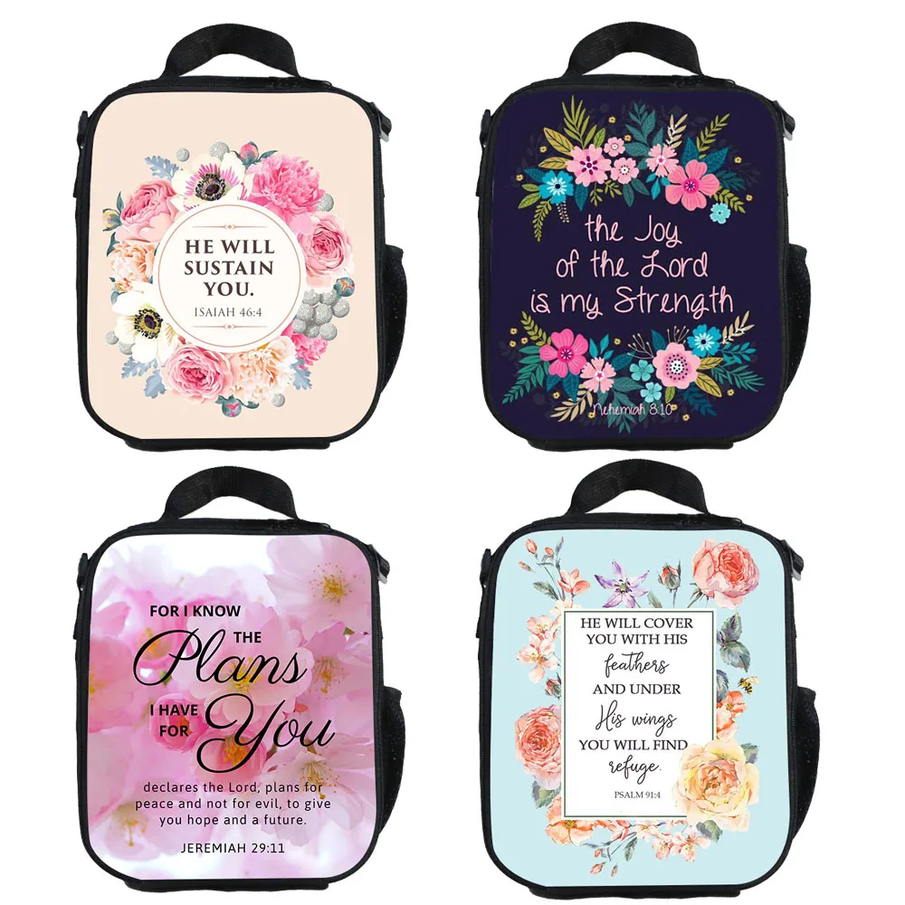 Christian Bible Verse Lunch Bags Women God He Will Sustain You Floral Backpack Kids Picnic Bag Boys Girls Insulated Lunch Box