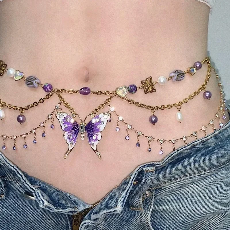 Butterfly Bead Multi-layer Necklace, Waist Chain, Two Pairs of Handmade Spicy Girl Retro Design