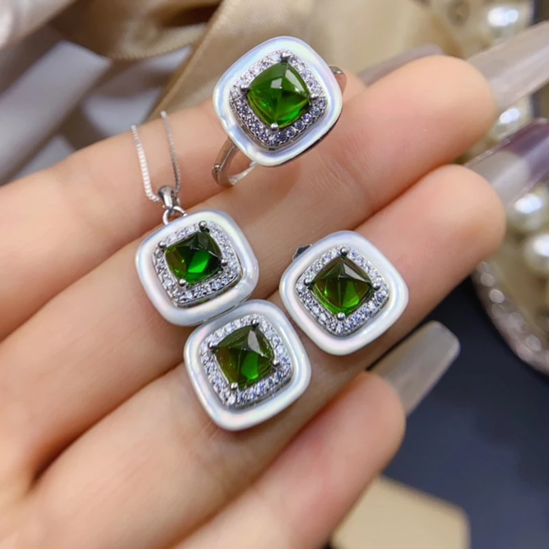 Natural Diopside jewelry sets for women rings earrings pendant silver 925  luxury gem stones 18k gold plated free shiping items