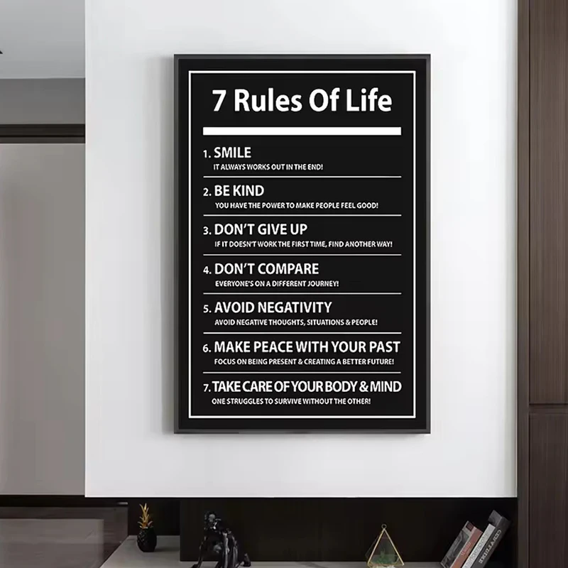 7 Rules of Life Inspiring Letter Paintings Prints Motivational Quote Canvas Poster Black and White Canvas Wall Art Office Decor
