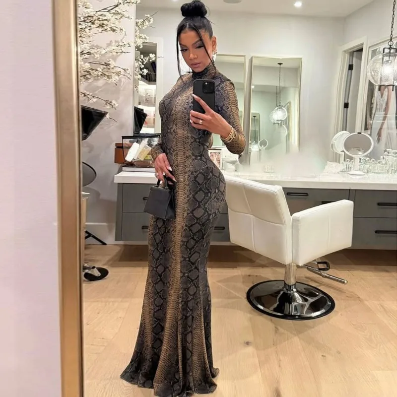 اعوج طباعة Bodycon فستان ماكسي للحفلات المرأة موضة الياقة المدورة كم كامل سليم صالح ثوب مسائي حفلة موسيقية رداء طويل Vestidos