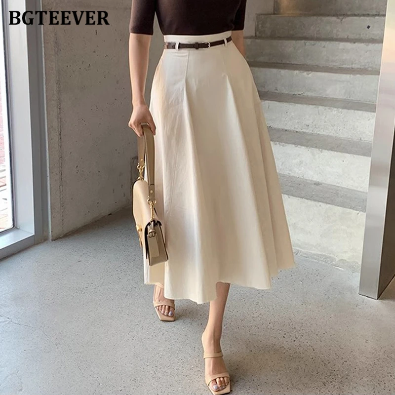 BGTEEVER Stylish High Waist Pockets A-line Skirts for Women Summer Elegant Loose Female Midi Skirts