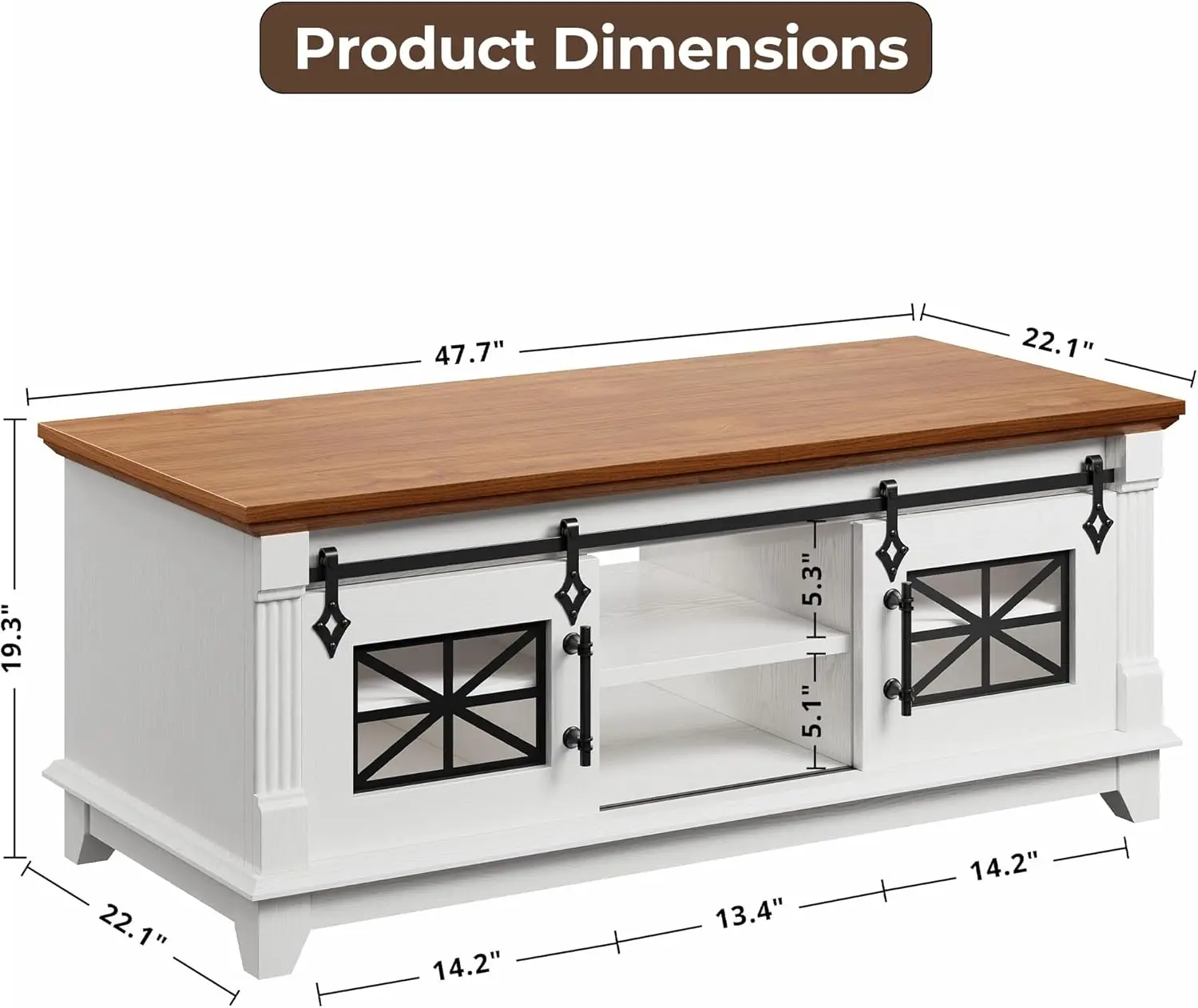 48'' Coffee Table with Sliding Barn Doors, Rustic Center Table with 6 Large Storage Space, Glass Doors and Adjustable Middle Sh