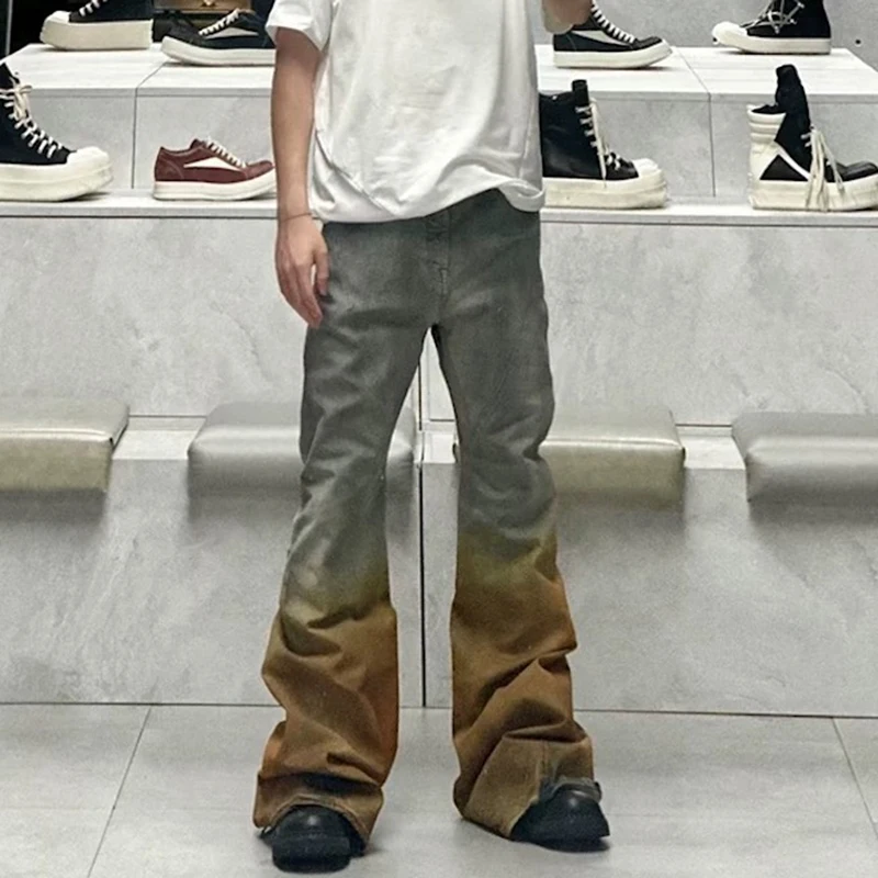 Повседневные мешковатые джинсы градиентного цвета, лоскутные ботинки для мужчин и женщин, уличная одежда, свободные расклешенные брюки с прямыми карманами