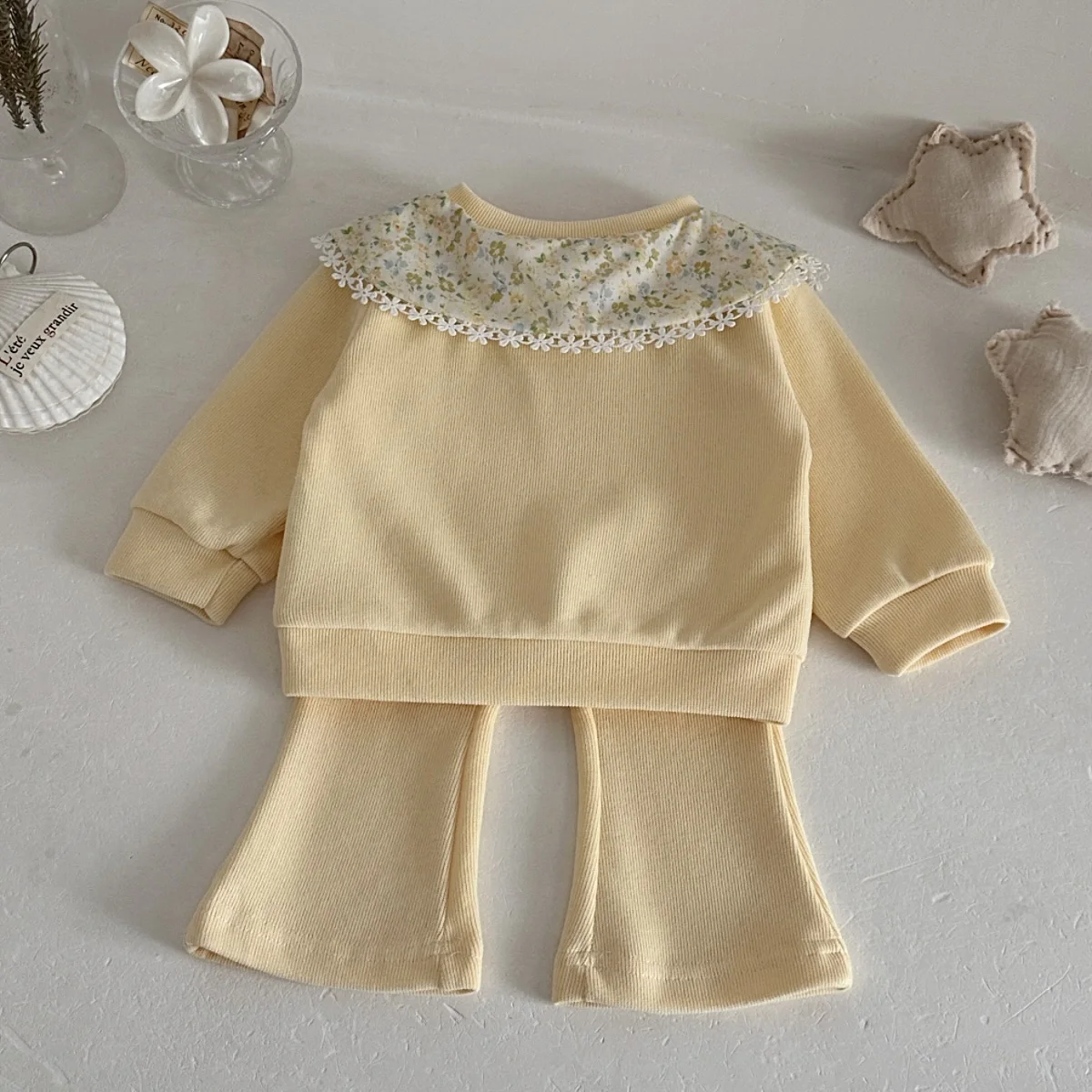 Baby Girl Butter Yellow Ribbed Set Floral Lace Big Collar Long Sleeve Top Flare Pants Toddler Spring Outfit