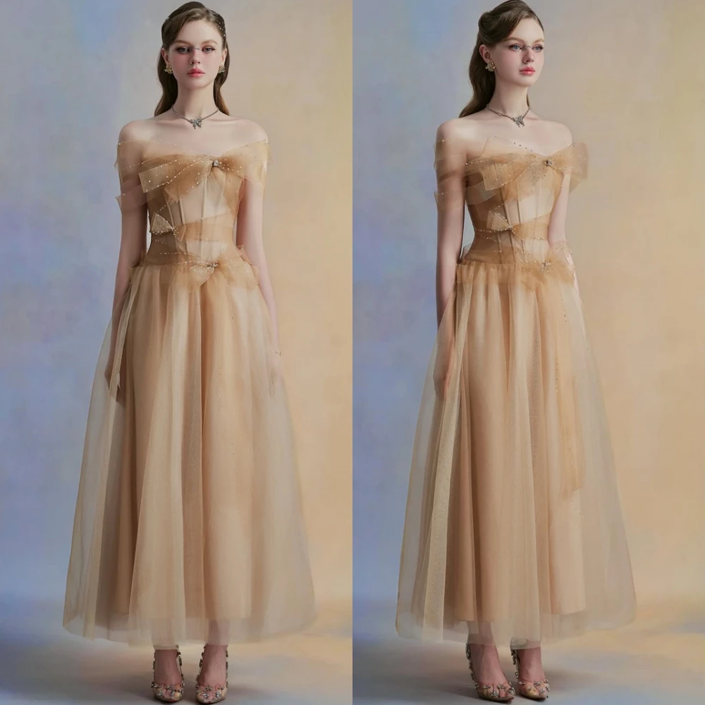 

Customized Luxury Boat Neck Evening Dress Elegant Short Sleeves Cocktail Dress Temperament Tulle Special Occasion Gowns
