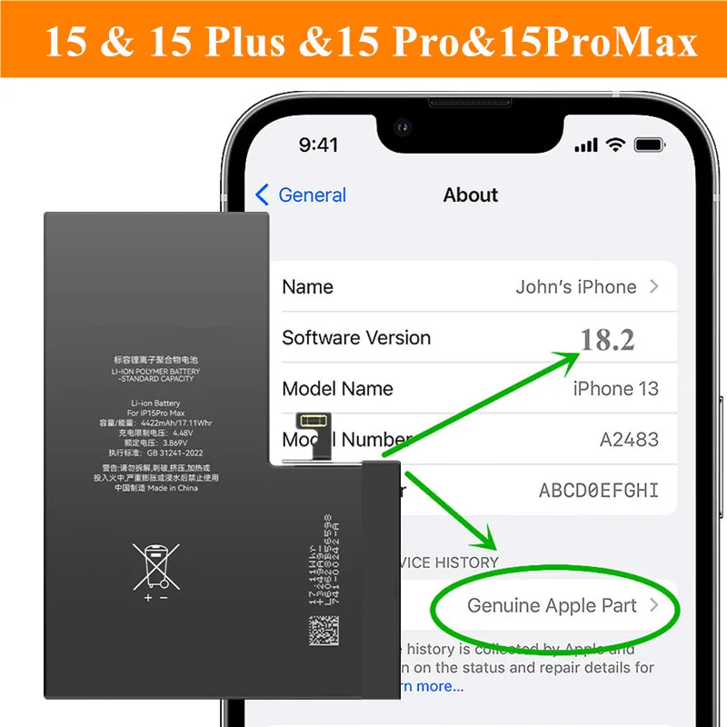 

Аккумулятор для iPhone 15 Pro Max 15 Plus Настройки iOS 18, без выдвижных сообщений, не требуется сварка. Здоровье 100%, показано оригинальные детали.