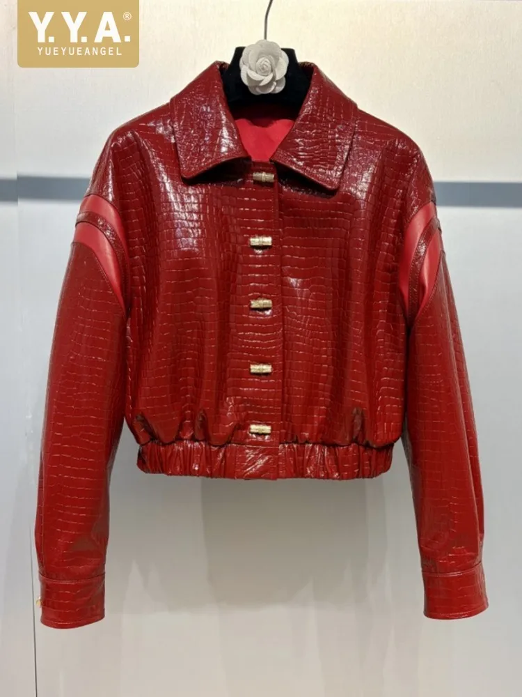 Ladies Elegant Crocodile Grain Genuine Leather Jacket Turndown Collar Autumn Winter Short Coat Real Sheepskin Casual Women Loose