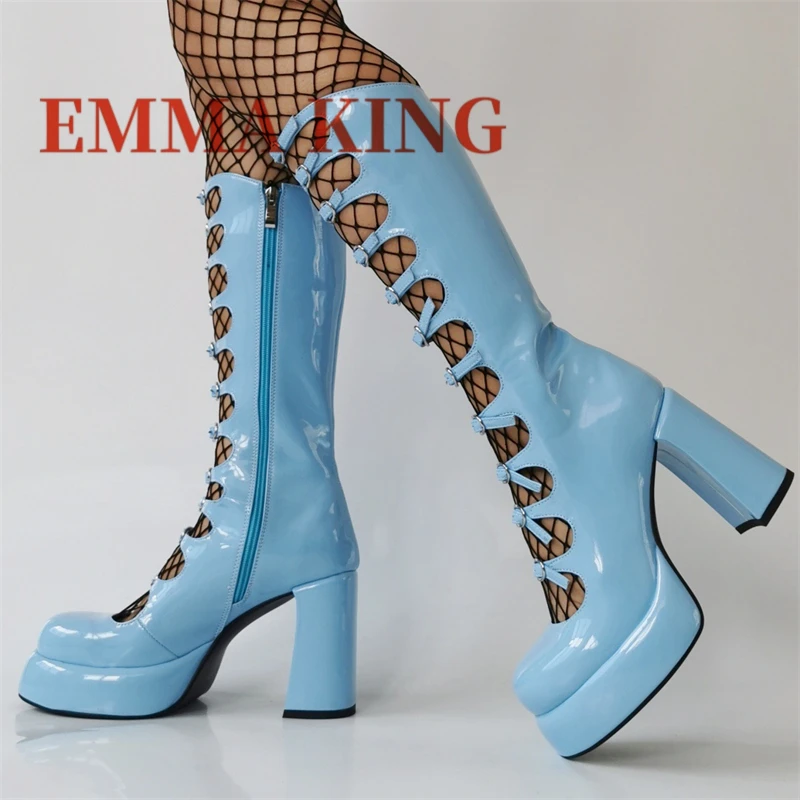 

Сапоги до колена на платформе с пряжкой и ремешком, женская обувь до колена с круглым носком и полым дизайном, обувь больших размеров, подиумные ботинки в римском стиле