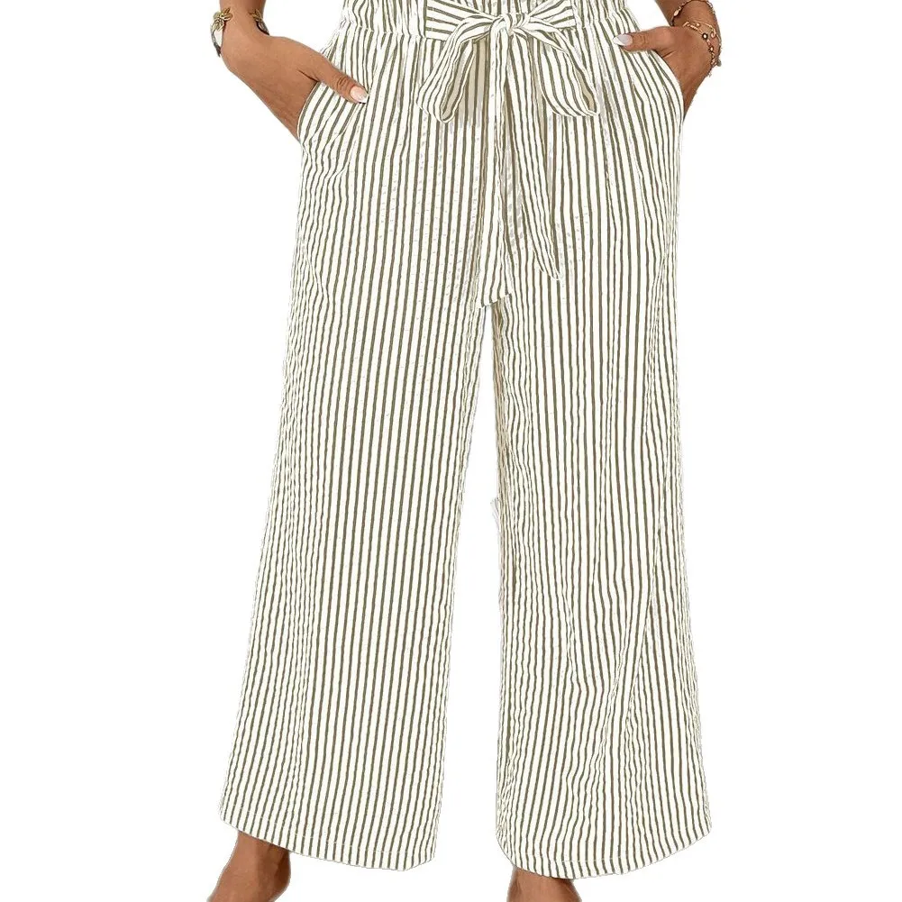 Summer Women Pants Striped Loose Fit Trousers High Waist Paperbag Waist Casual Pants Black And White Striped Straight Leg Pants - view 3