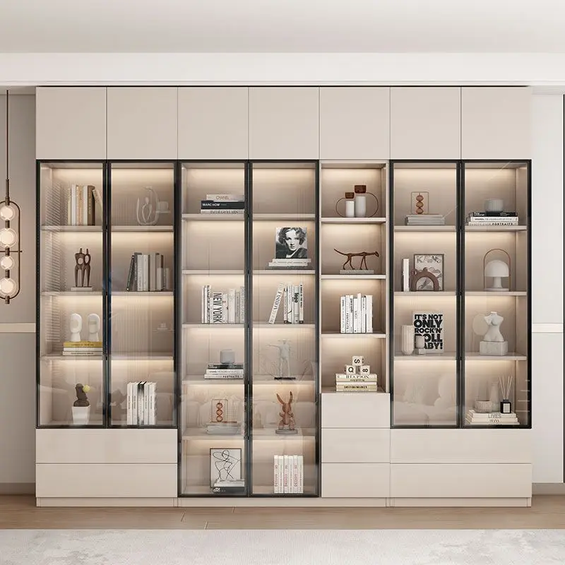 Офисный шкаф для хранения вещей, книжный шкаф, встроенный комбинированный книжный шкаф со стеклянной дверью от пола до стены