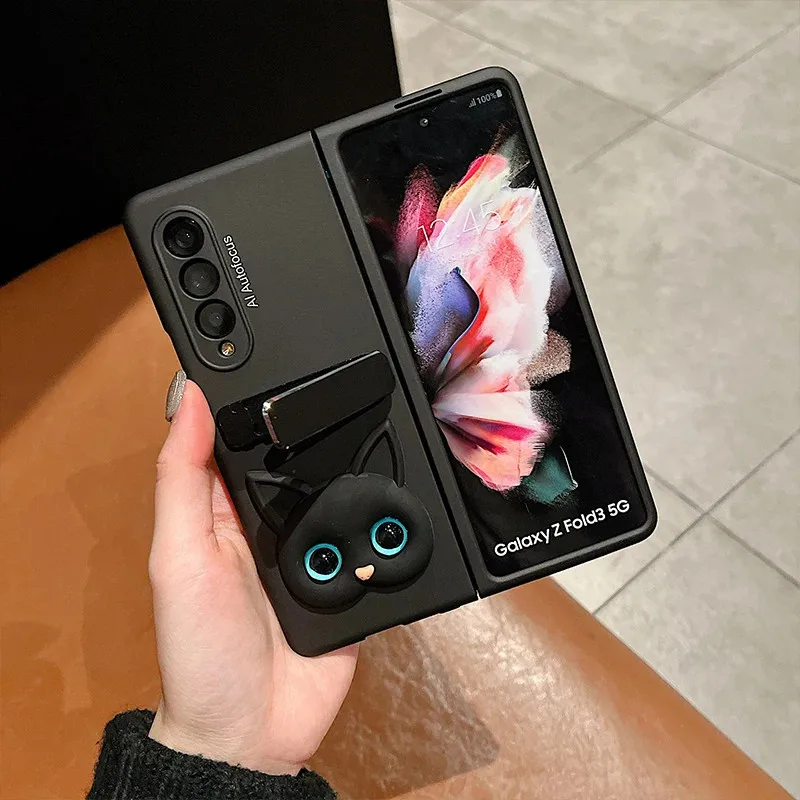 Fashion Cute Cartoon Cat Metal Folding Stand Holder Black Matte Skin Phone Case Cover For Samsung Galaxy Z Fold 7 6 5 4 3 2 5G