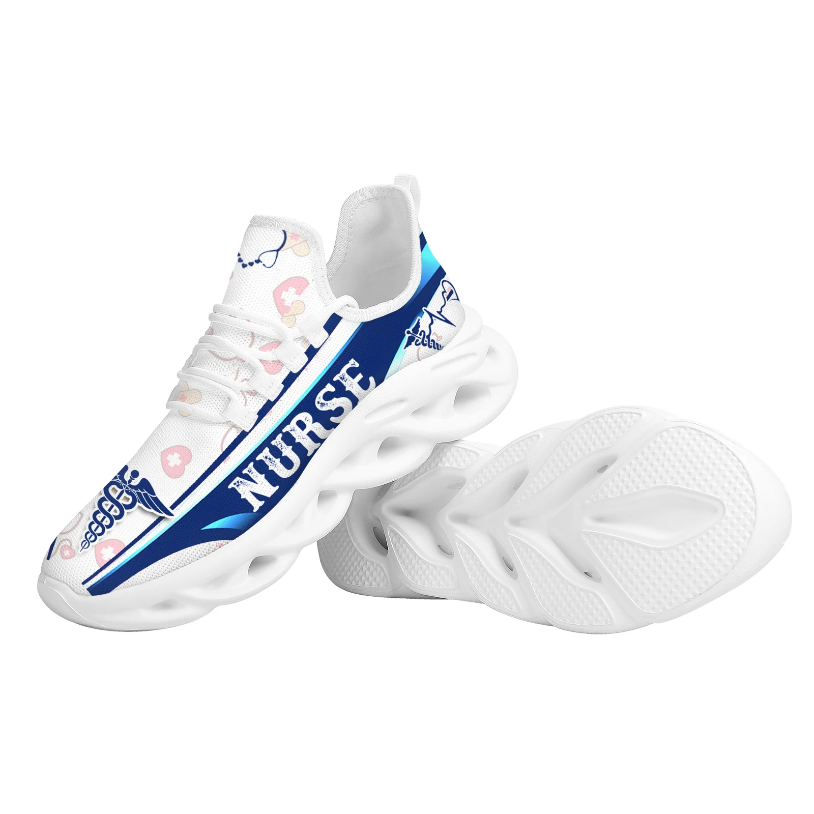 INSTANTARTS White Ladies Nurse Print Summer Knit Platform Shoes Lightweight And Breathable Lace-up Blade Sneakers Medical Shoes