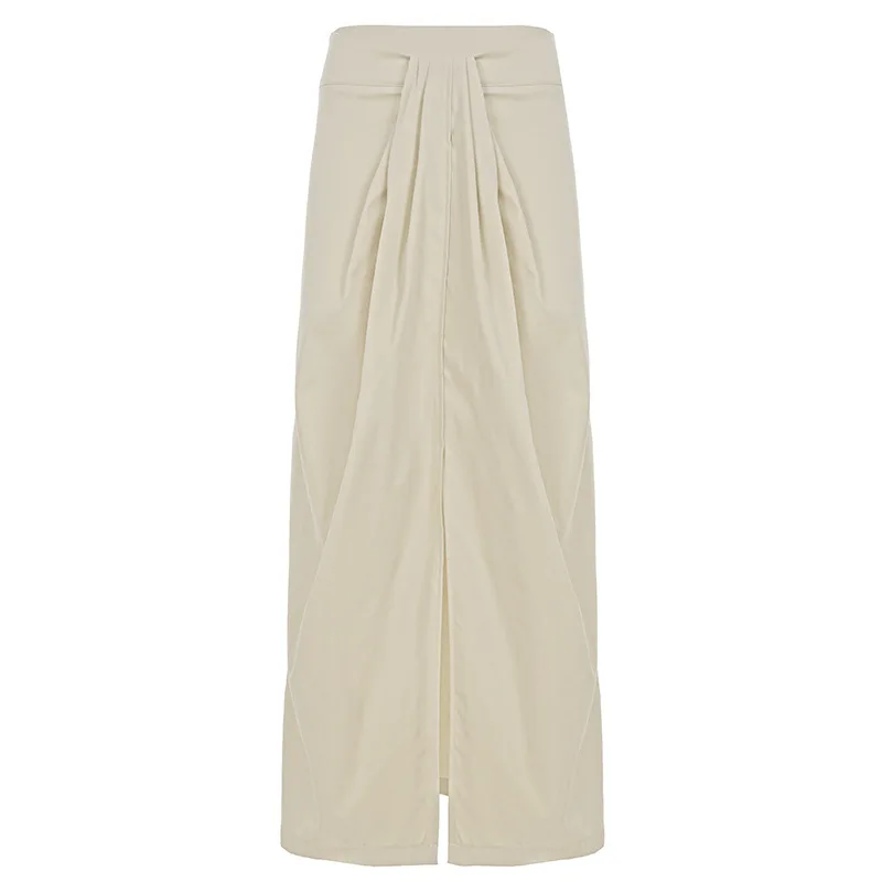 디자인 감각이 돋보이는 허리 주름 디자인의 단색 스커트, 여성 니치 스트릿 유럽 및 미국 스파이스 걸 스타일의 힙 스플릿 롱 스커트.