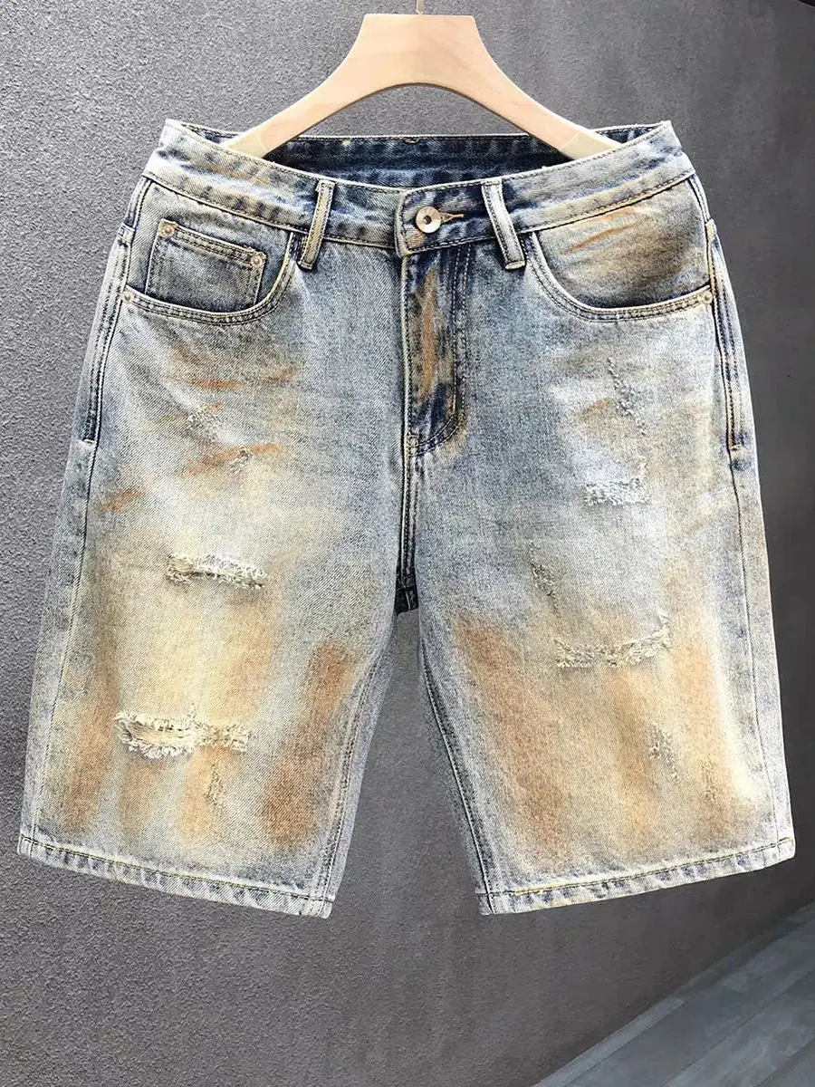 Calças Jeans Masculinas Estilo Deserto Americano Retrô, orts de Perna Reta, Desgastados, dos, com Furos, Denim, Casual,...