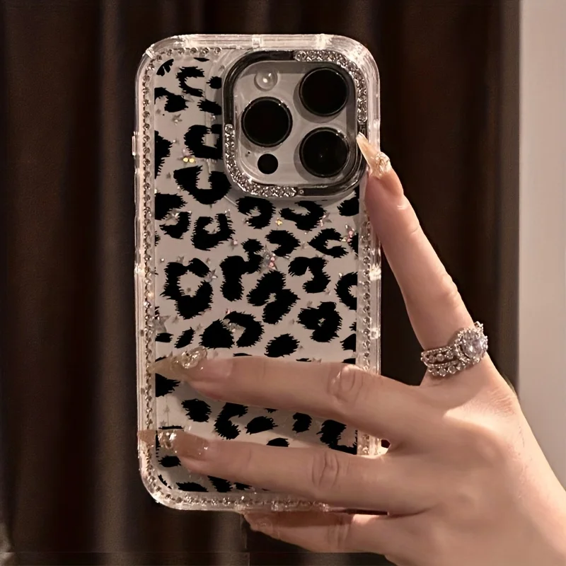 Schwarze Leopardenmuster Transparente Funkelnde Diamant-Stern-Handyhülle Geeignet für iPhone17 16 15 14 13 12 11Pro/Max/Plus Stoßfest