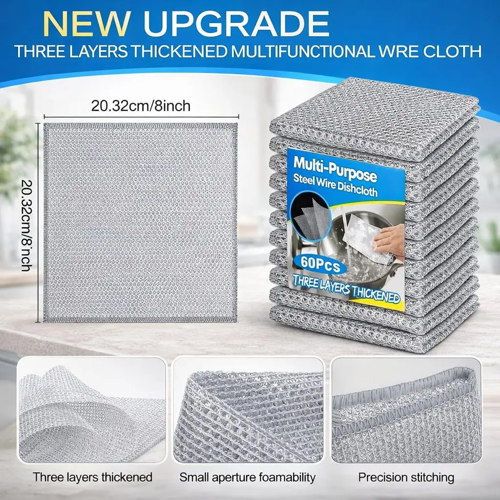 20Pcs Multifunctional Steel Wire Cleaning Cloths, Scratch-Free Kitchen Dish Towels for Pots Pans Sinks, Reusable Scrubber Cloths