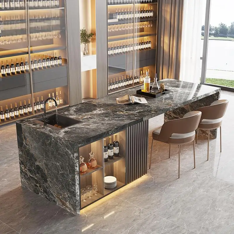

Italian-Style Luxury Kitchen Island Table w/Luxury Stone Slab & Built-in Sink, Custom Open-Concept Dining Bar for Modern Home