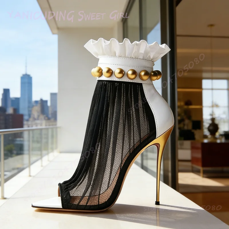 

Women Black Ruffled Mesh Beaded Ankle Boots Gold Heel Pointed Toe Open Red Leather Sandals White Weave Patchwork Hollow Shoes