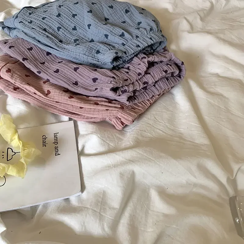 Conjunto de pijama de algodão estampado coração feminino, pijama coreano, manga curta, roupas de 2 peças, verão, 2021