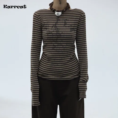 Karrcat-Camiseta a rayas de estética Grunge, camisetas de manga larga con estampado de tatuaje Harajuku Vintage, ropa de calle Punk Y2k, Retro americano