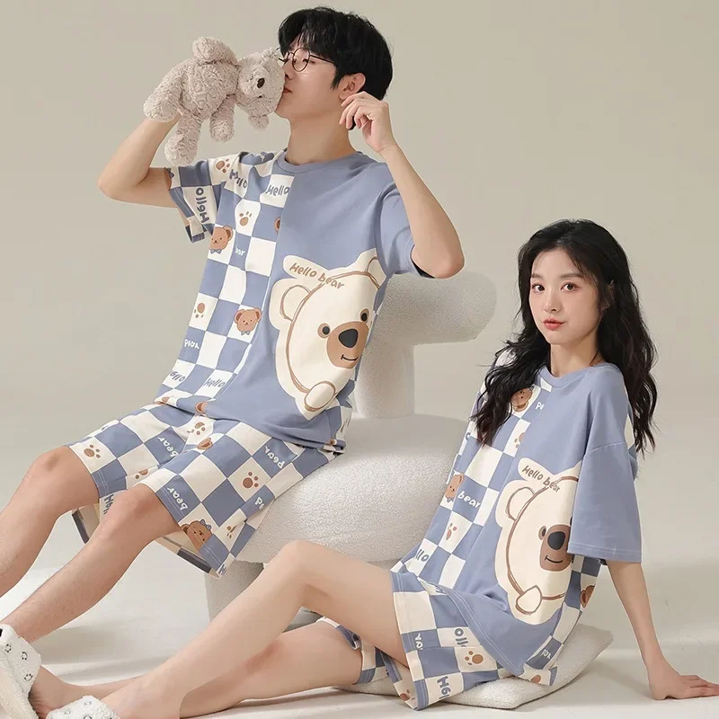 Summer Couple Pajamas 2pcs Short Sleeve Top Shorts Cartoon Print Pajama Sets Loungewear Loose Sleepwear Cute Home Wear Underwear