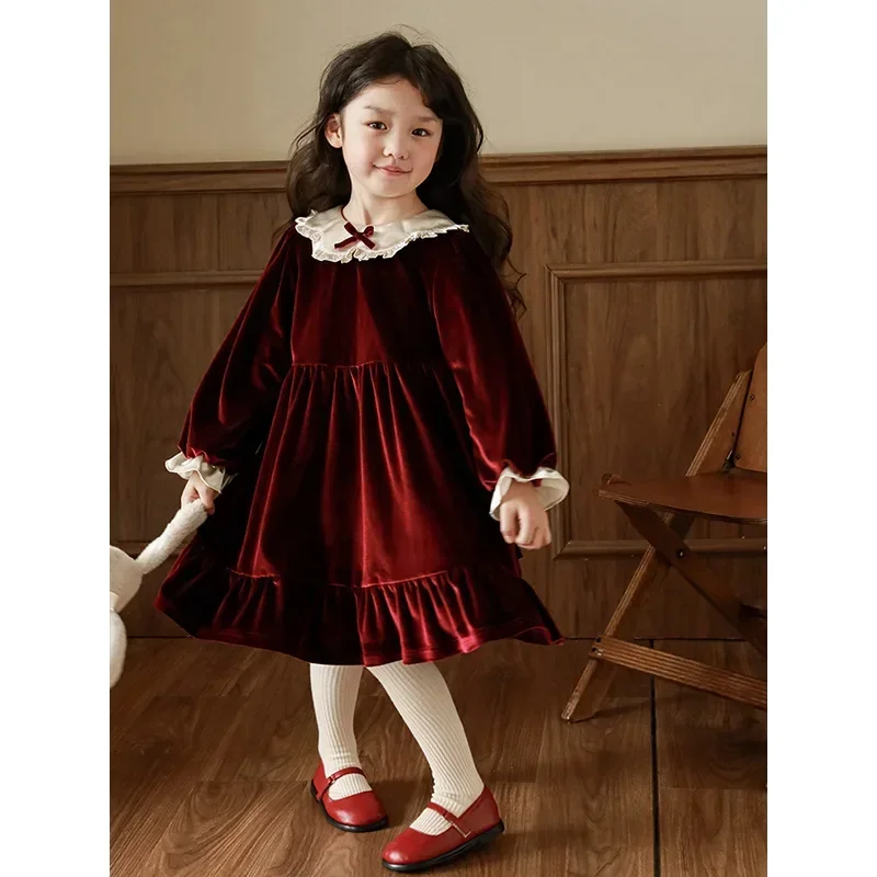 Girl Dress Girls Lapel Lace Dress 2023 Winter New Children Cashmere Warm Princess Skirt Baby Long Skirt Girl Clothes