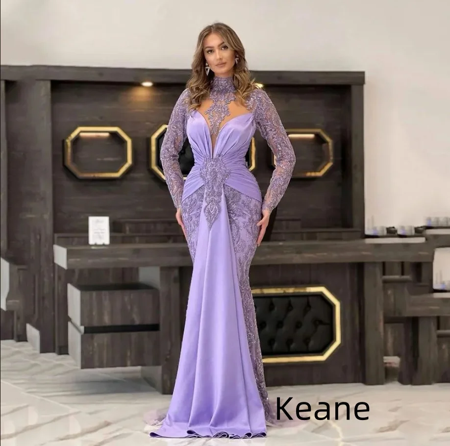 Lilac Mermaid Full Sleeves Lace Evening Dress vestido de festa Islamic Dubai Kaftan Saudi Arabic Evening Prom Dress