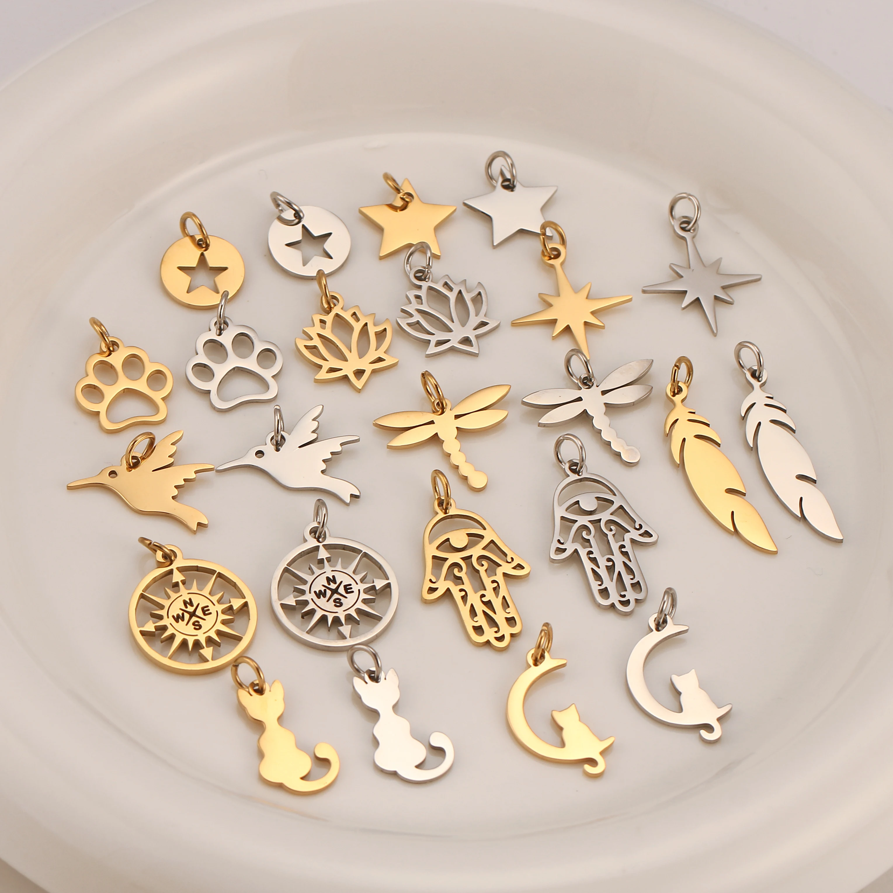 5Pcs/Lot Cat/Devil\'s Eye/Compass/Puppy Paw Footprint Charms With Jump Ring Stainless Steel Pendants for DIY Jewelry Craft Making