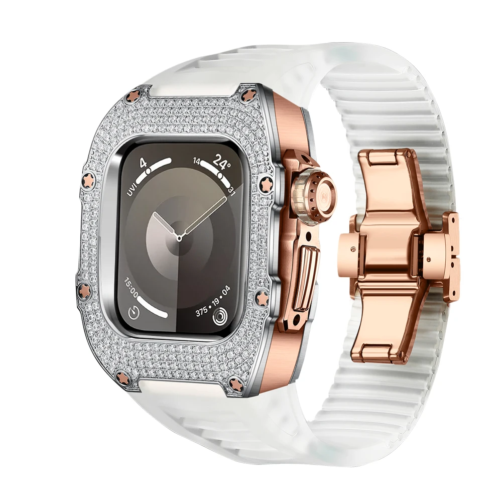 Mod Kit for Apple Watch s9 8 7 41mm Luxury Titanium Diamond Inlaid Accessories Apply to  s6/5/4 SE 40mm Case and orange band