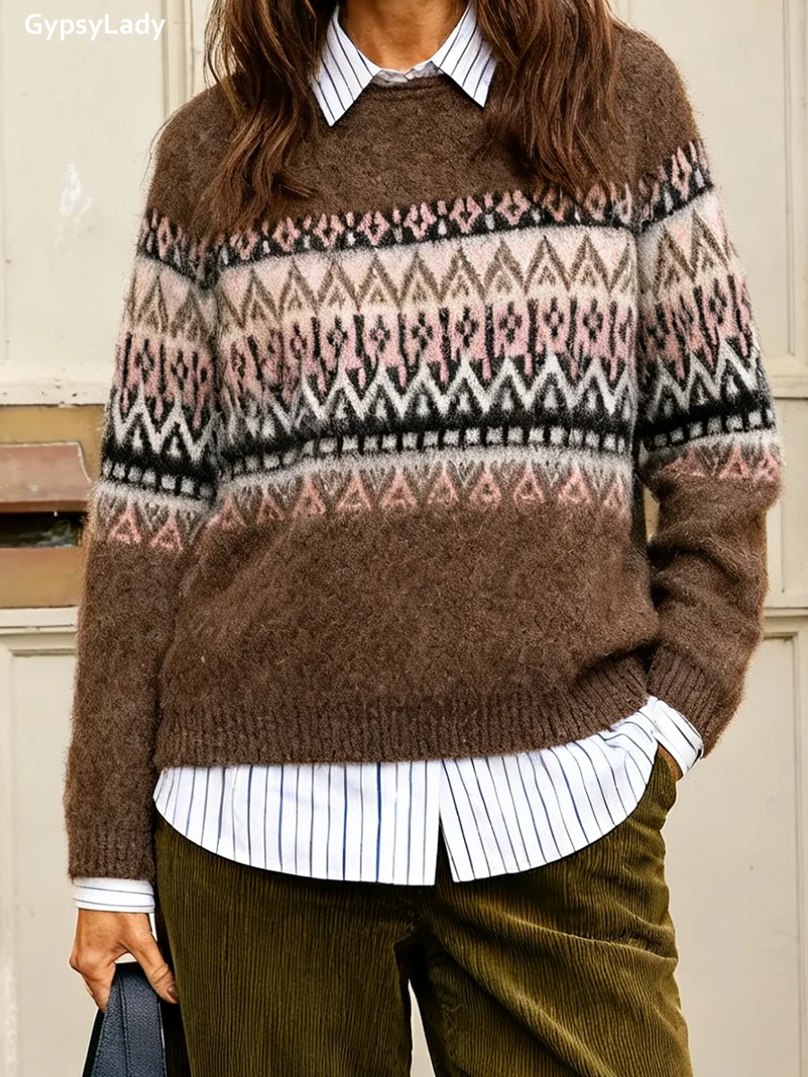 

French Chic Loose Vintage Sweater Pullovers Women Autumn Winter Jacquard Brown Knit Floral Pattern Casual Ladies Top Knitwear