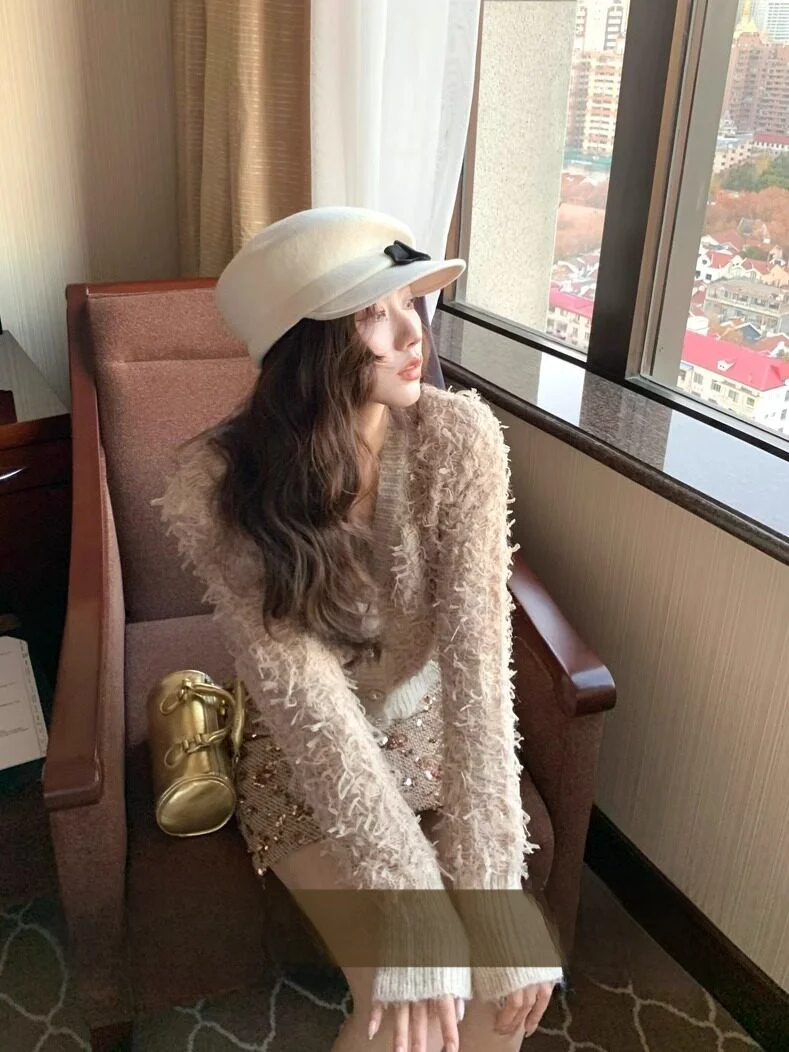 

Женский укороченный вязаный кардиган с V-образным вырезом и бахромой, осенне-зимний, для повседневной носки, из полиэстера, с длинными рукавами