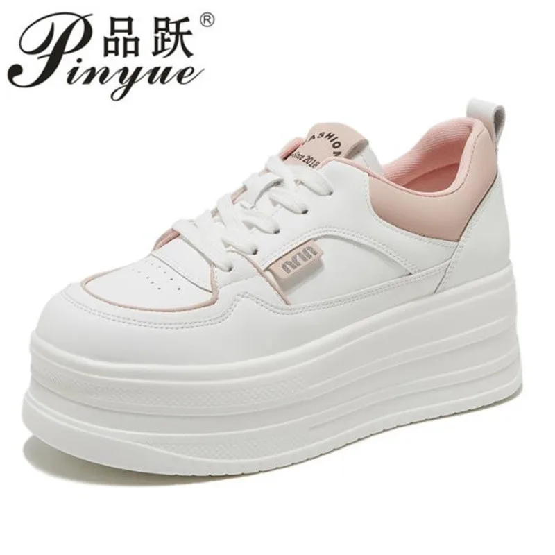 New Women Vulcanized Genuine Leather Shoes Platform Wedge High Heels White Black Shoes Lace Up Increased Sports Casual Shoes