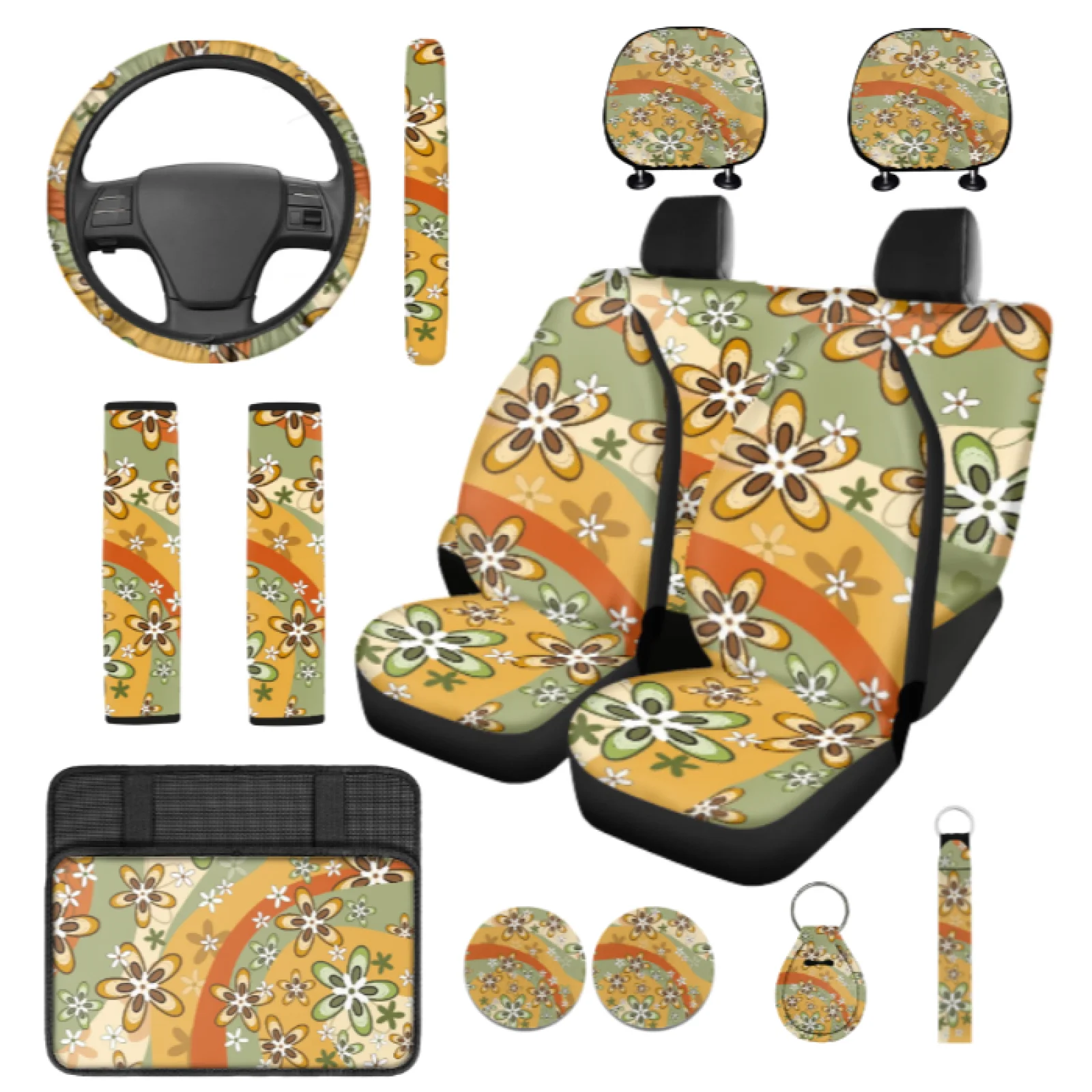 Coloranimal Retro Floral Art 14 Pcs Car Seat Covers Sets with Soft Steering Wheel Cover and Auto Cup Pad for SUV