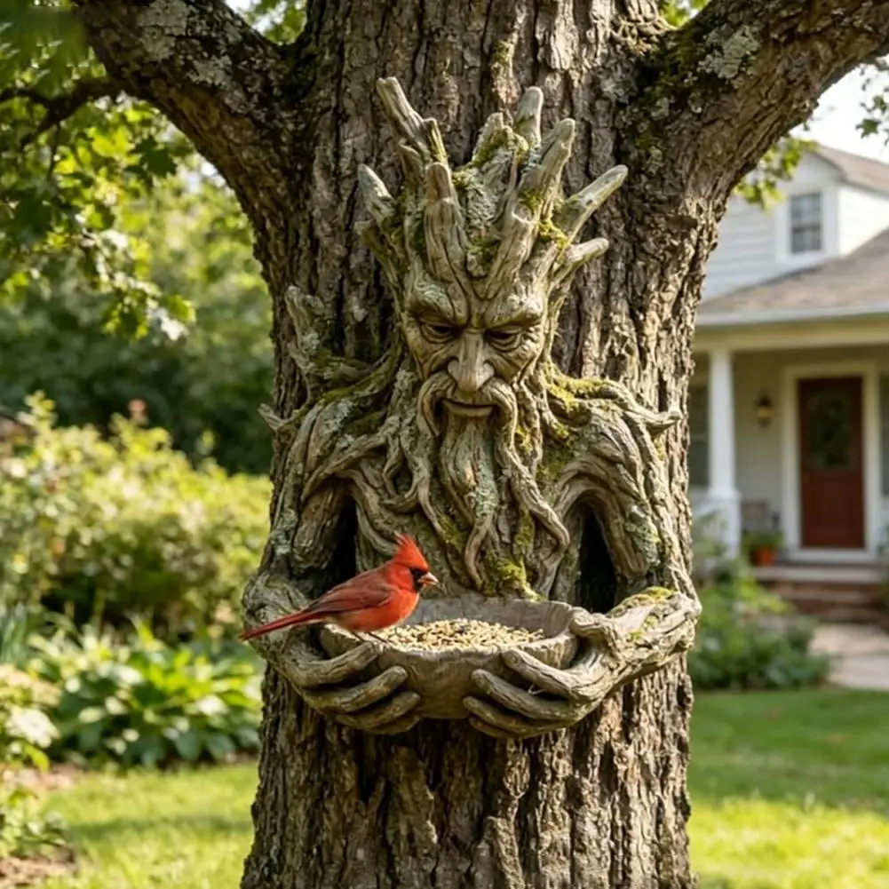 Weatherproof Resin Tree Face Bird Feeder Mounted On Tree Trunk Birdseed Tray Creative Rustic Art Ornament For Garden Backyard