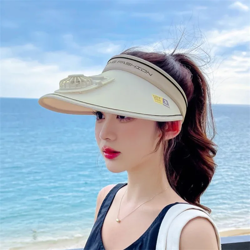 Summer UV Protection Visor Women Beach Hat 3-speed Regulation Electric Fan Empty Top Hat Holiday Sunshade Bicycle Sun Hat