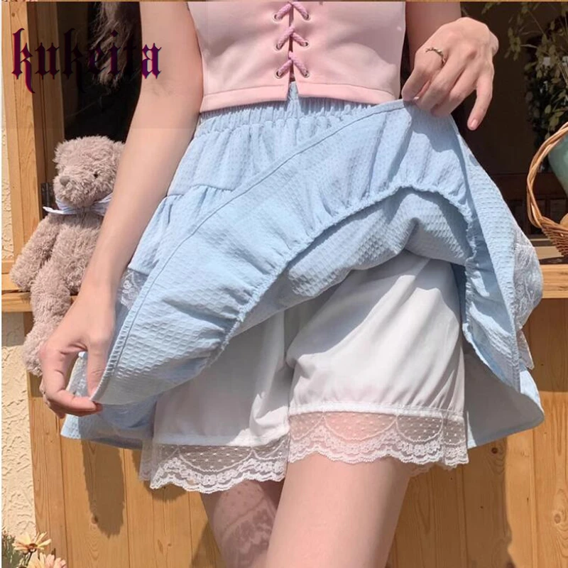 Mini saia kawaii estilo lolita feminina, elástico na cintura, babados com renda, plissados, doce menina, verão, Harajuku, Y2k, bolo, japonês