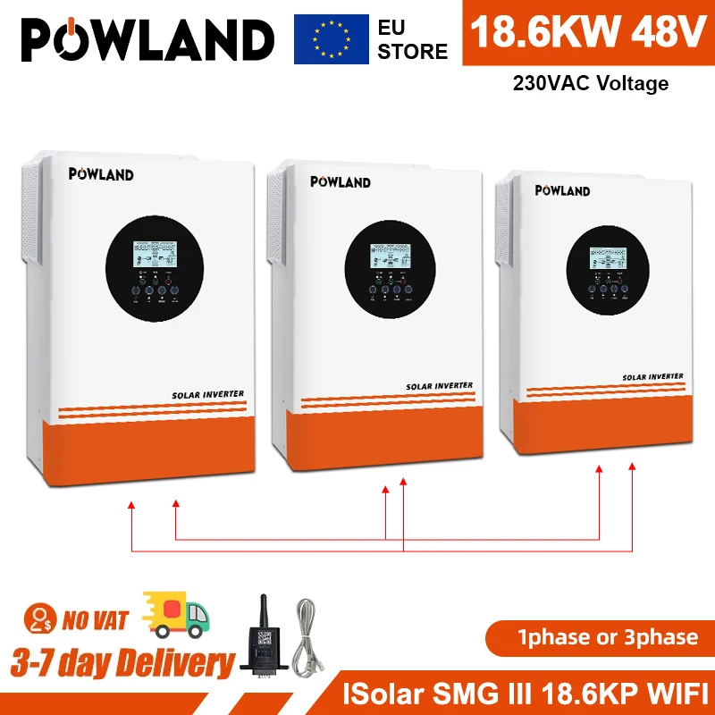 POWLAND 18600W Hybrid Solar Inverter 48V 220V/380V 3 Phase Inverter 18.6KW With MPPT 120A Solar Controller Work Without Battery