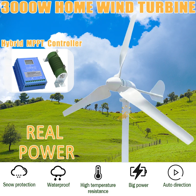 3000W Horizontal Axis Wind Power Turbine For Home Wind Energy Generator 3KW 12V 24V 48V Windmill With 3 Blades MPPT Controller