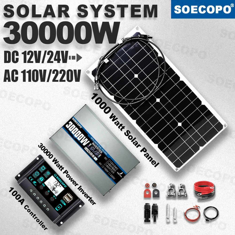 30000 Peak Solar System Kit 1000W Panel DC 12V/24V AC110V 220V Inverter 100A Controller Complete Off Grid For Camp Home Charger