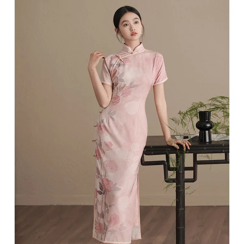 

Pink Jacquard Qipao Girl Elegant Cheongsams Vintage Mandarin Collar Vestidos Longe Elegant New Chinese Style Dress Party Gown