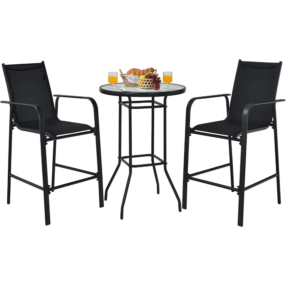 3 Pieces Outdoor Patio  Set, Outdoor Bistro Set with 2 Bar Stools and 1 Tempered GlassTable,  Height Patio Table