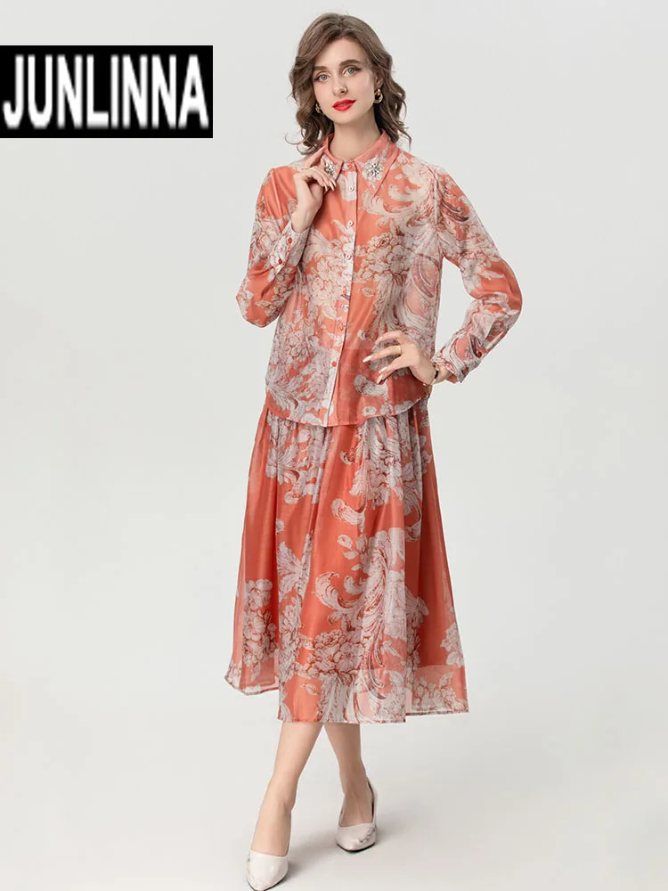 

JUNLINNA Fashion Elegant Women Two Piece Set Organza Flower Printing Turn-down Collar Beading Shirt+Half Dress Casual Suit Lady